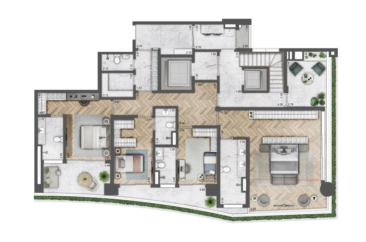 Planta Humanizada Ilustrada do Pavimento Inferior - 26º Andar com 4 Suítes - Cobertura Villa Versace Moema